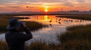 Birdwatching at the Cosumnes River Preserve during sunset