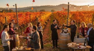 Fall harvest event in Amador County vineyard with visitors wine tasting and enjoying outdoor scenery
