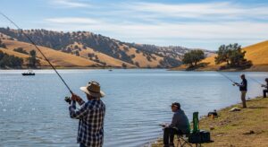 Fishing at Lake Camanche with people casting lines from the shore