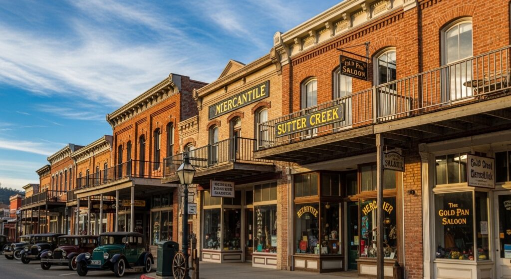 Historic buildings in Sutter Creek, California, showcasing Gold Rush-era architecture